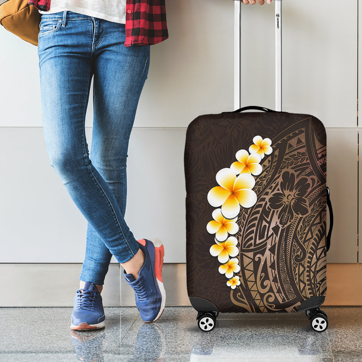 Brown Polynesia Luggage Cover Plumeria Tropical Leaves With Galaxy Polynesian Art LT14 - Polynesian Pride