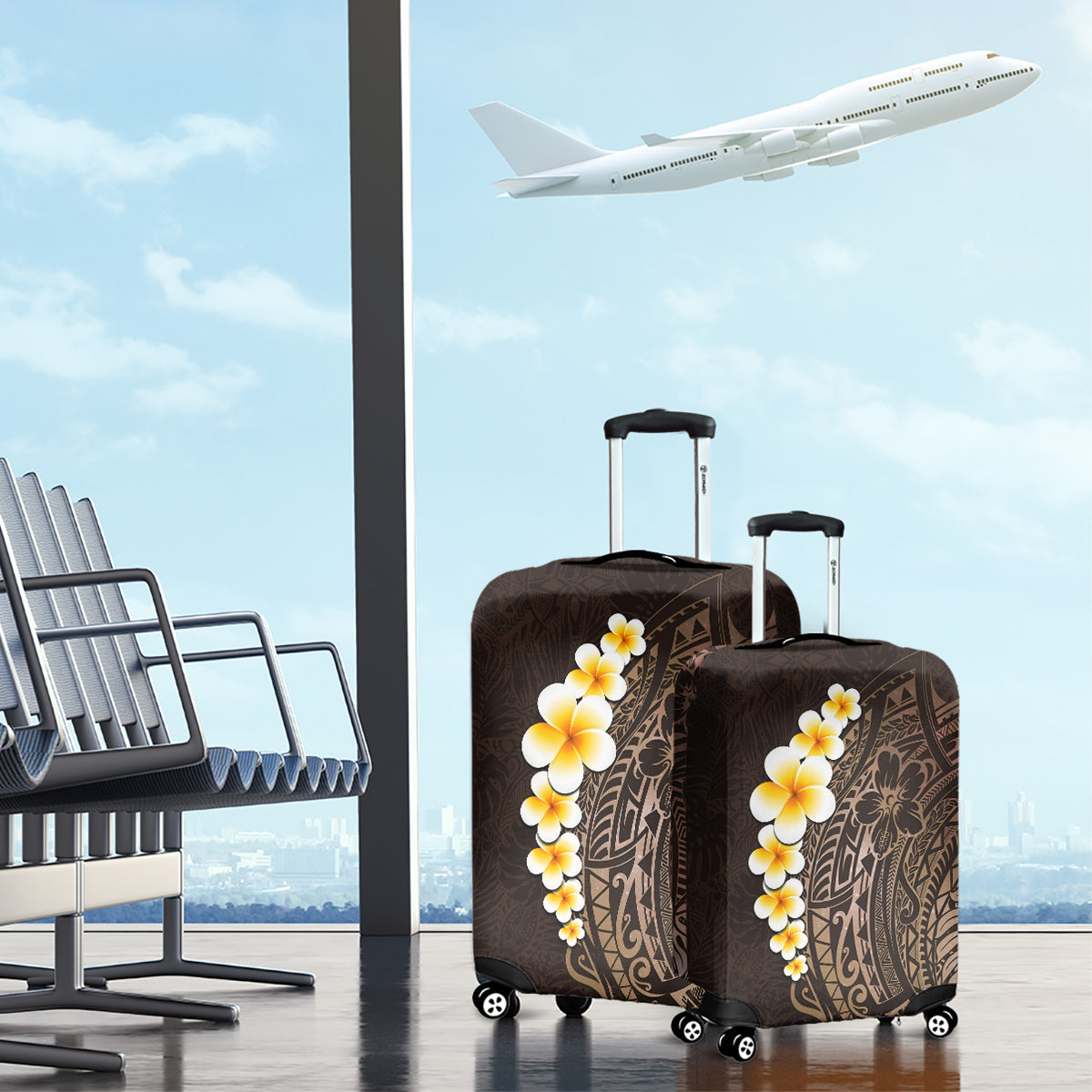 Brown Polynesia Luggage Cover Plumeria Tropical Leaves With Galaxy Polynesian Art LT14 - Polynesian Pride