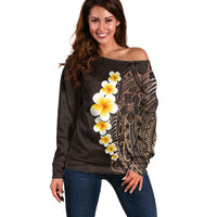 Brown Polynesia Off Shoulder Sweater Plumeria Tropical Leaves With Galaxy Polynesian Art LT14 Women Brown - Polynesian Pride