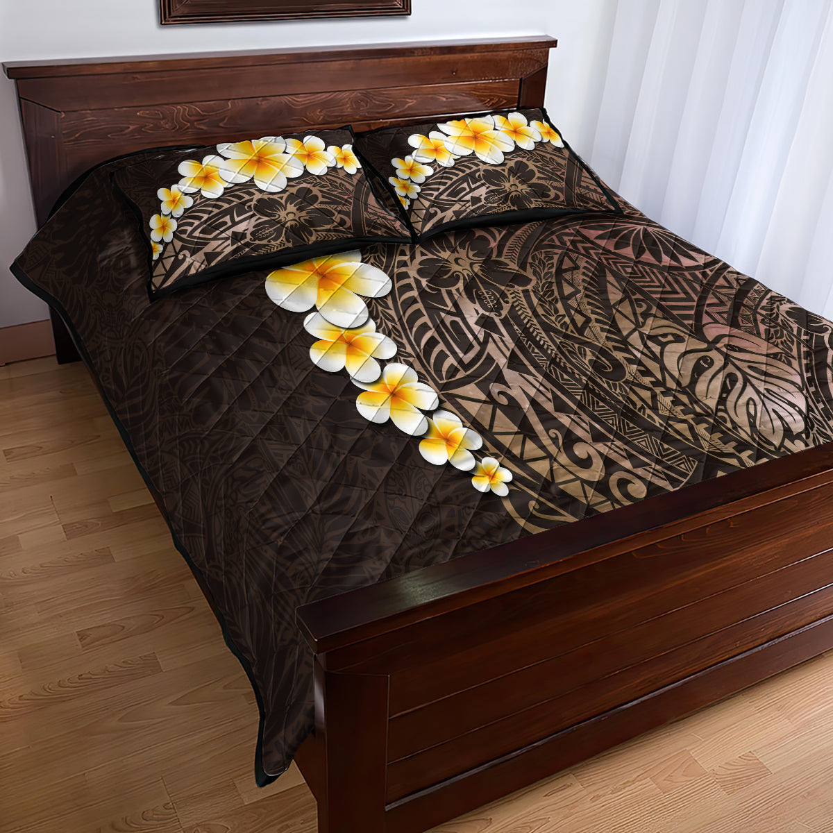 Brown Polynesia Quilt Bed Set Plumeria Tropical Leaves With Galaxy Polynesian Art LT14 - Polynesian Pride