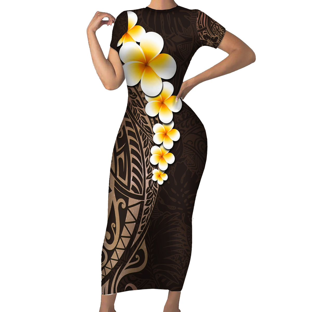 Brown Polynesia Short Sleeve Bodycon Dress Plumeria Tropical Leaves With Galaxy Polynesian Art LT14 Long Dress Brown - Polynesian Pride