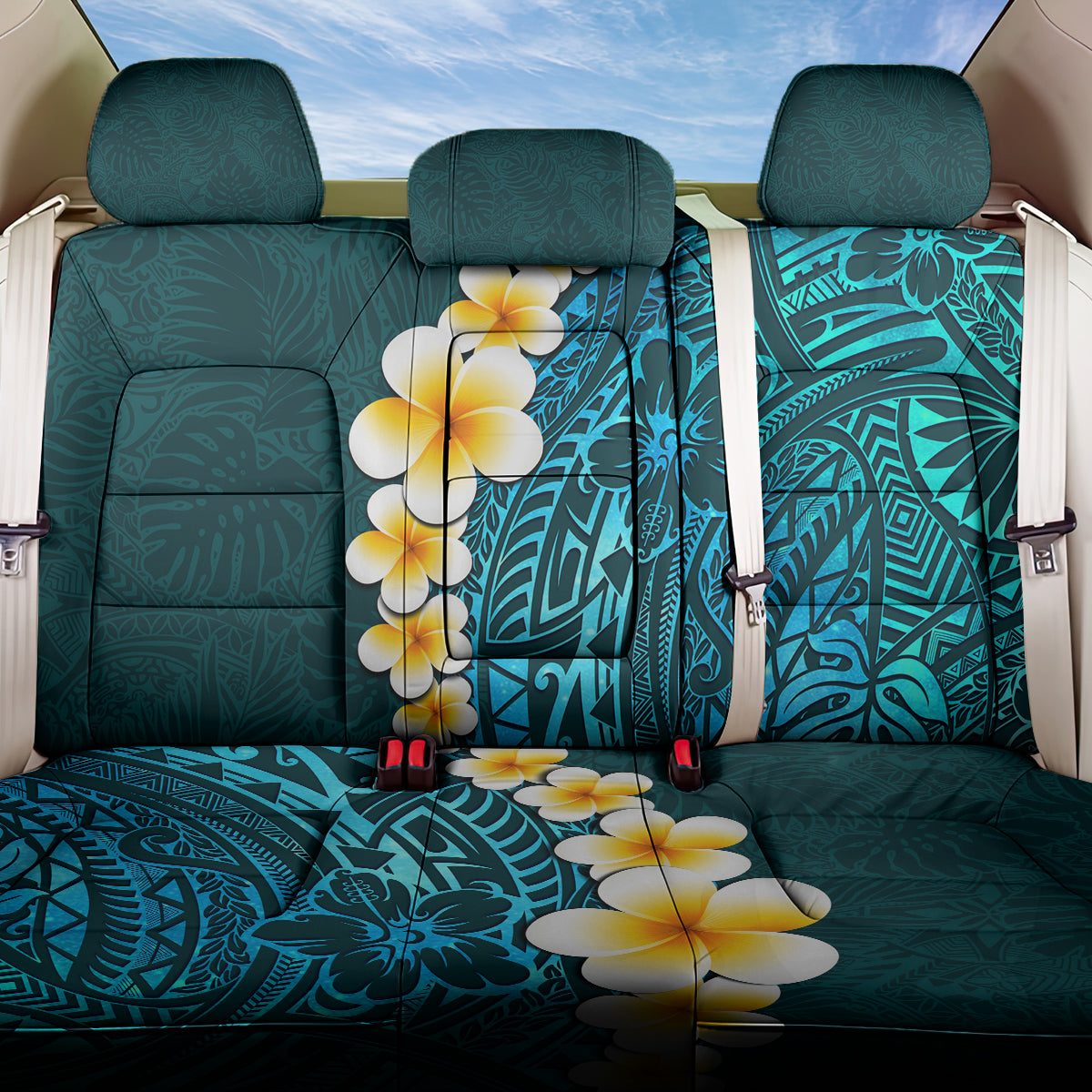 Turquosie Polynesia Back Car Seat Cover Plumeria Tropical Leaves With Galaxy Polynesian Art LT14 One Size Turquoise - Polynesian Pride