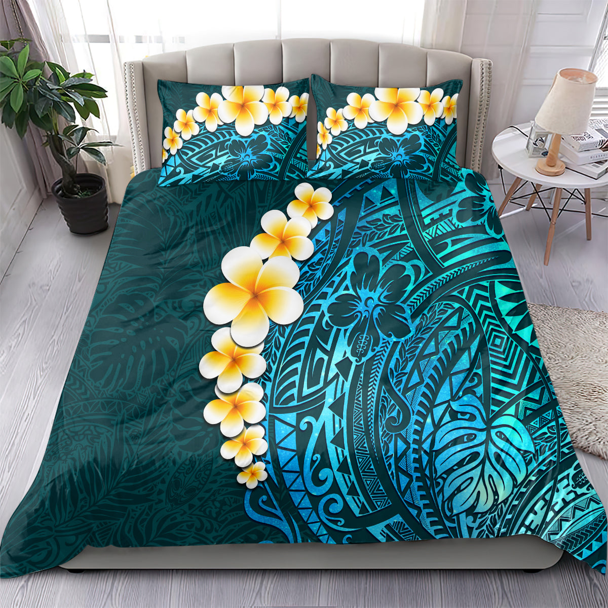 Turquosie Polynesia Bedding Set Plumeria Tropical Leaves With Galaxy Polynesian Art LT14 - Polynesian Pride