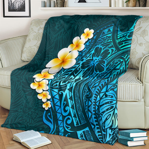 Tahiti Polynesian Premium Blanket - Summer Plumeria (Turquoise) main image 1