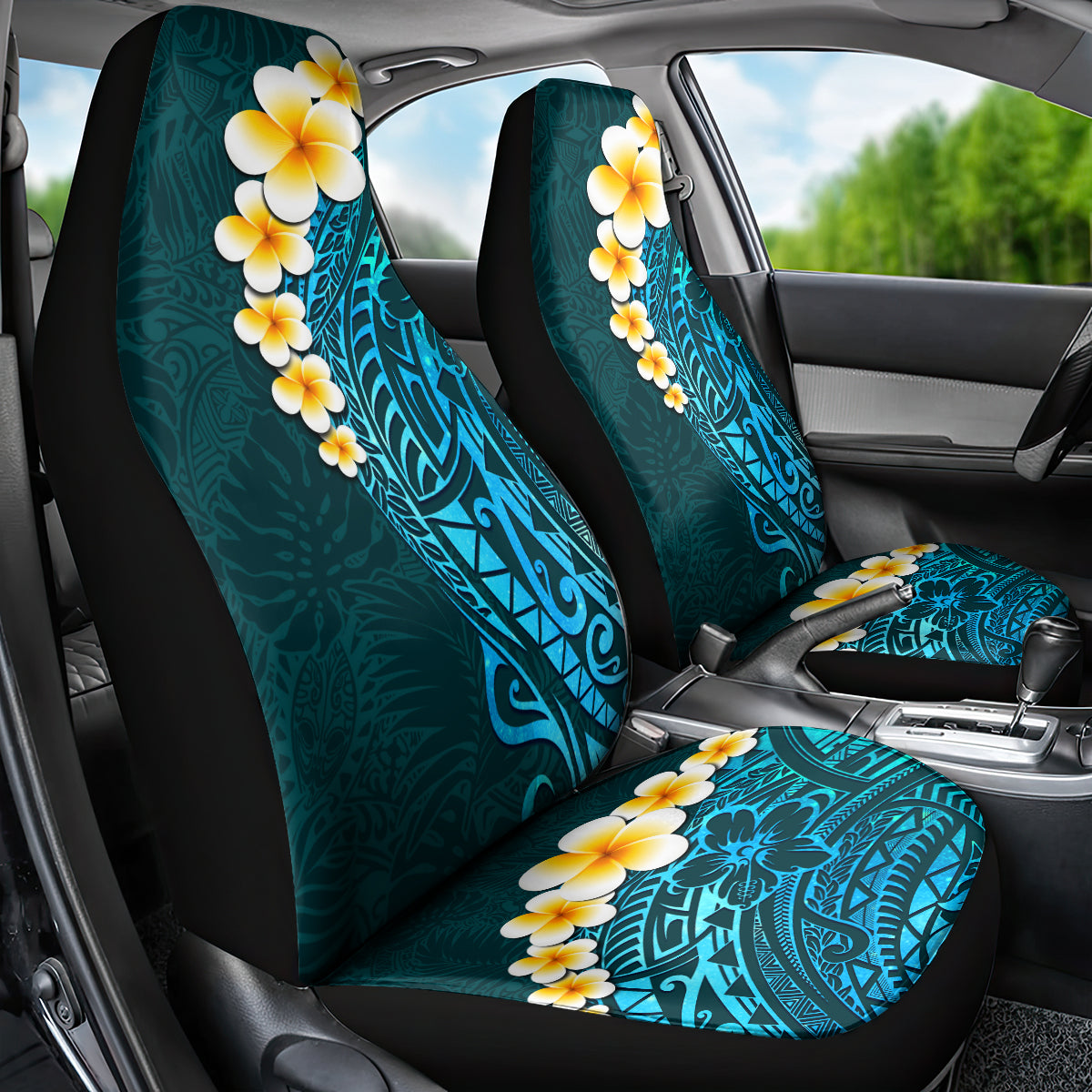 Turquosie Polynesia Car Seat Cover Plumeria Tropical Leaves With Galaxy Polynesian Art LT14 - Polynesian Pride