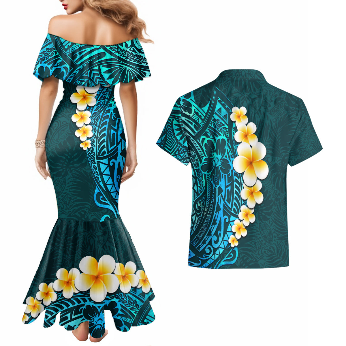 Turquosie Polynesia Couples Matching Mermaid Dress and Hawaiian Shirt Plumeria Tropical Leaves With Galaxy Polynesian Art LT14 - Polynesian Pride