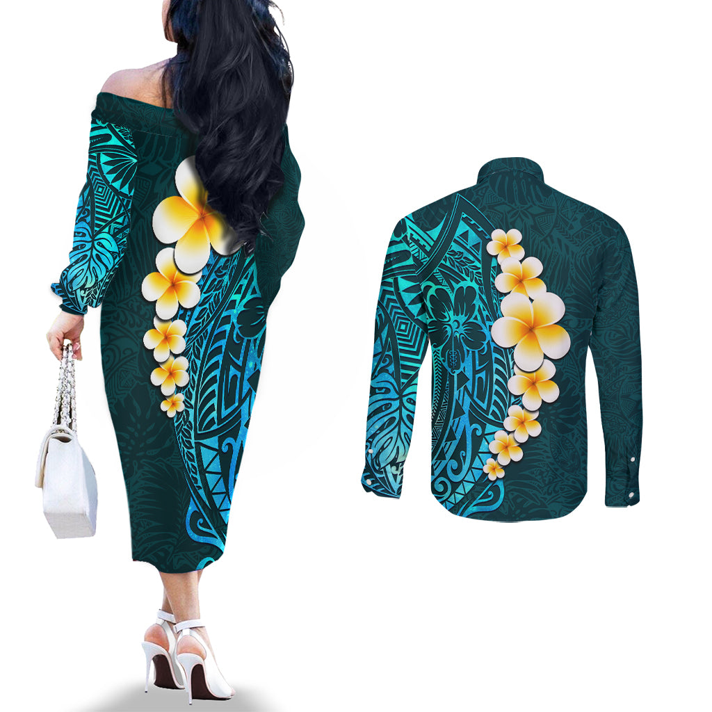 Turquosie Polynesia Couples Matching Off The Shoulder Long Sleeve Dress and Long Sleeve Button Shirt Plumeria Tropical Leaves With Galaxy Polynesian Art LT14 - Polynesian Pride