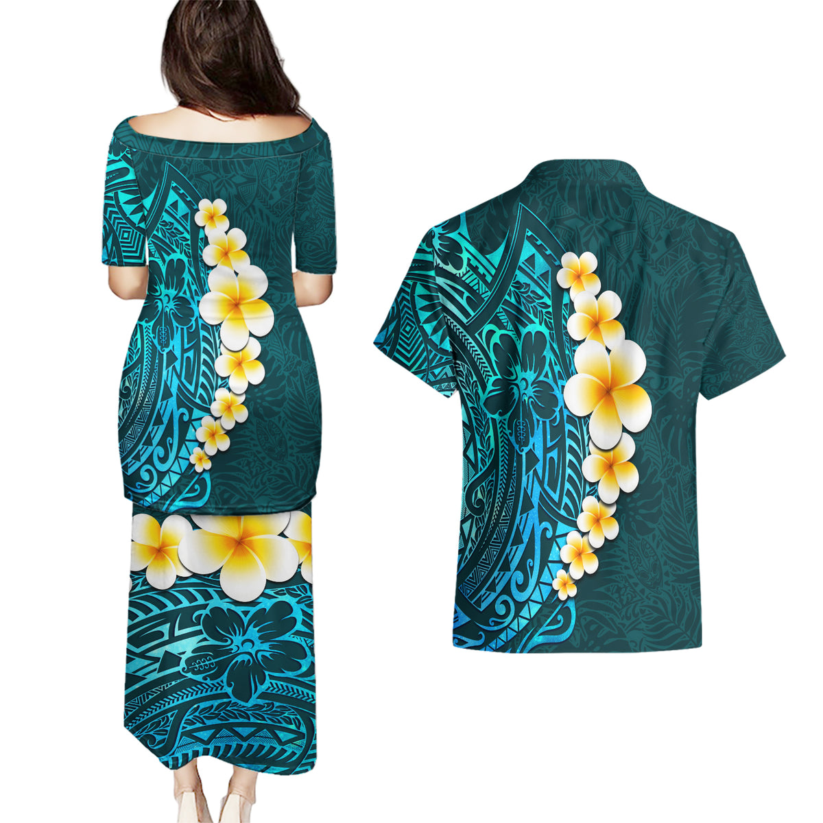 Turquosie Polynesia Couples Matching Puletasi Dress and Hawaiian Shirt Plumeria Tropical Leaves With Galaxy Polynesian Art LT14 - Polynesian Pride
