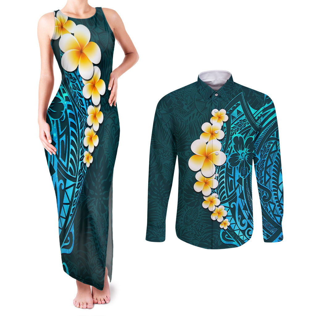 Turquosie Polynesia Couples Matching Tank Maxi Dress and Long Sleeve Button Shirt Plumeria Tropical Leaves With Galaxy Polynesian Art LT14 Turquoise - Polynesian Pride