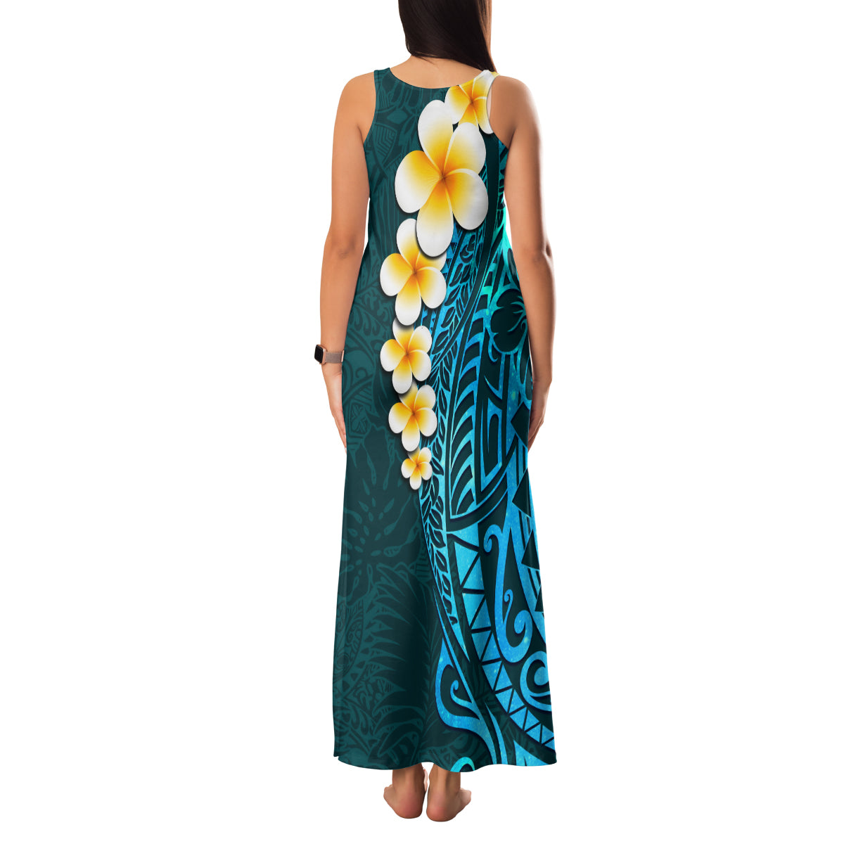 Turquosie Polynesia Family Matching Tank Maxi Dress and Hawaiian Shirt Plumeria Tropical Leaves With Galaxy Polynesian Art LT14 - Polynesian Pride