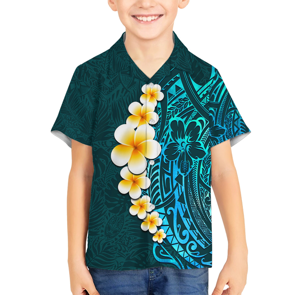 Turquosie Polynesia Family Matching Tank Maxi Dress and Hawaiian Shirt Plumeria Tropical Leaves With Galaxy Polynesian Art LT14 Son's Shirt Turquoise - Polynesian Pride