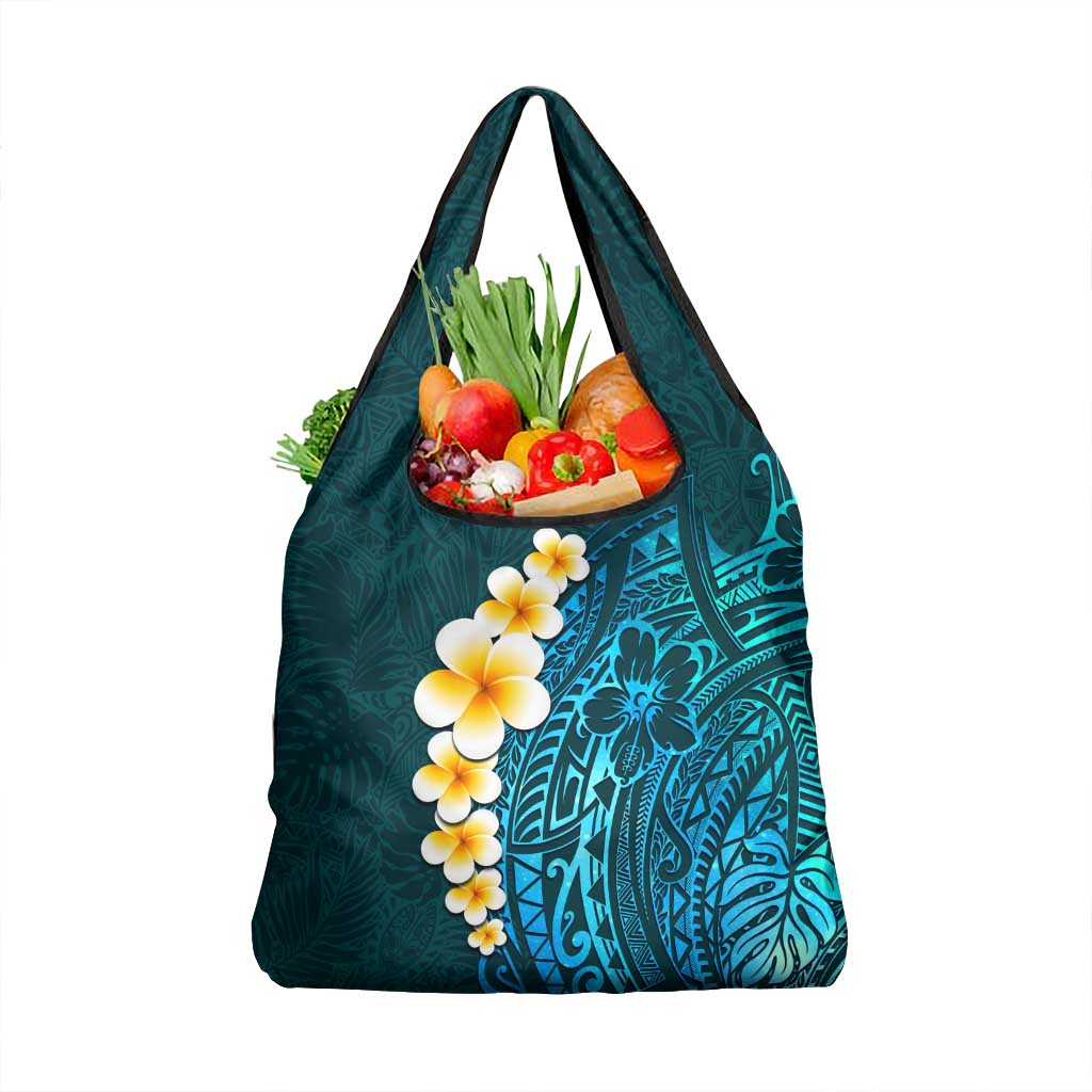 Turquosie Polynesia Grocery Bag Plumeria Tropical Leaves With Galaxy Polynesian Art