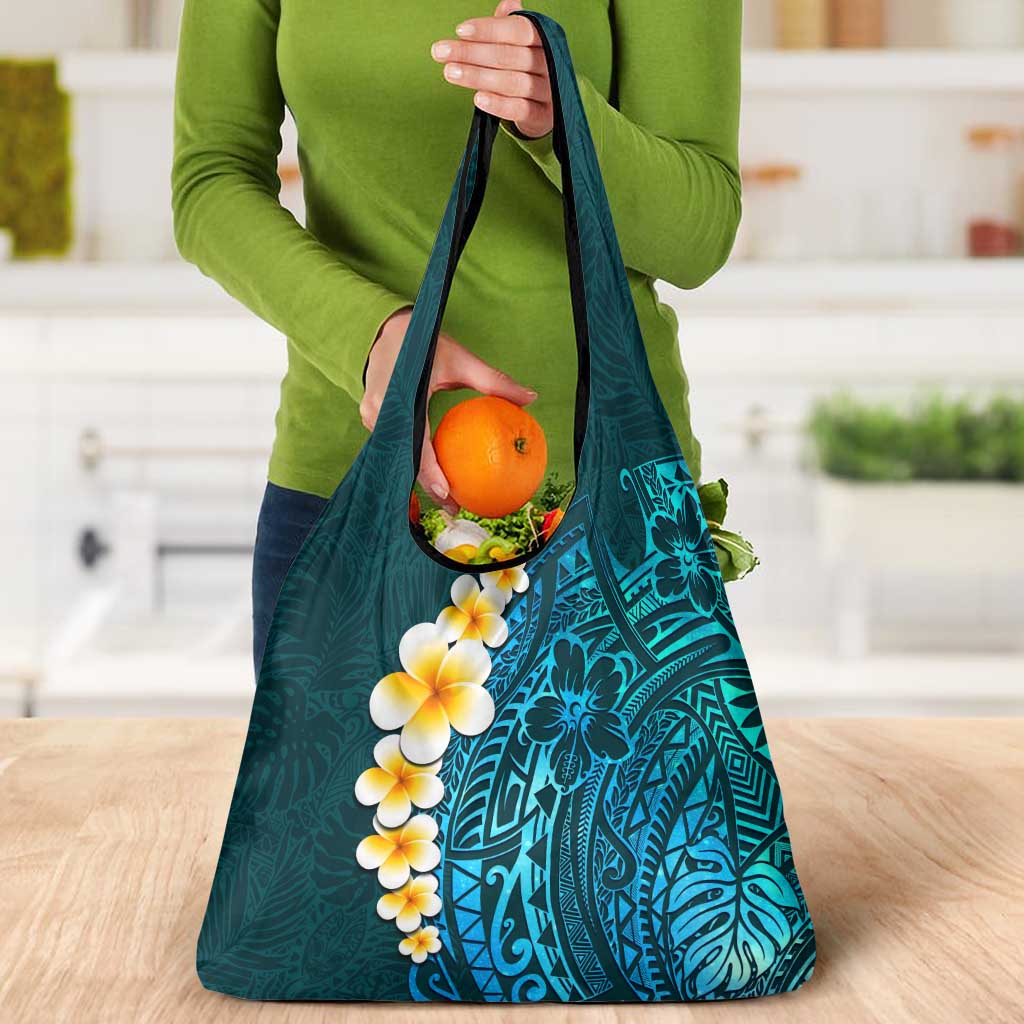 Turquosie Polynesia Grocery Bag Plumeria Tropical Leaves With Galaxy Polynesian Art