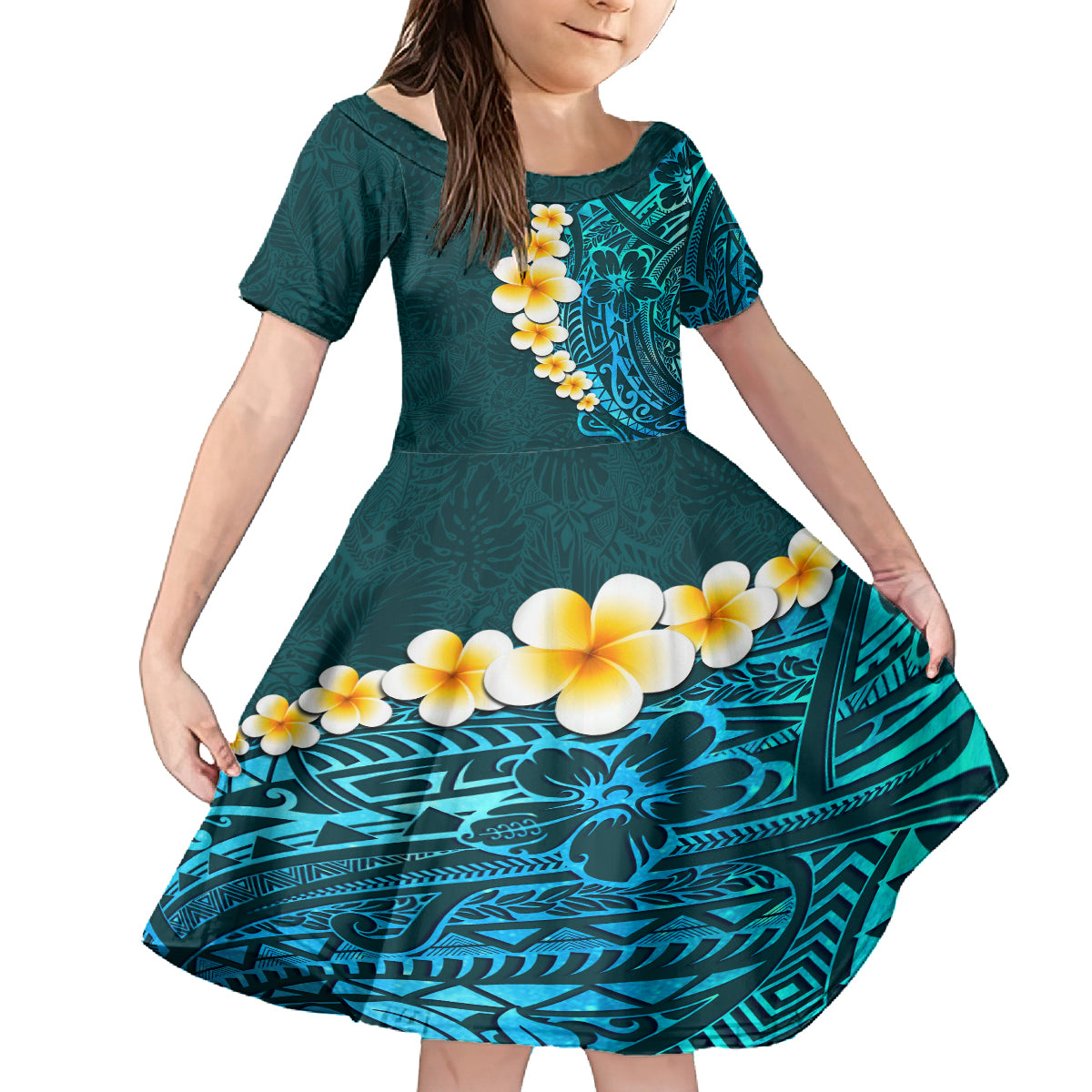 Turquosie Polynesia Kid Short Sleeve Dress Plumeria Tropical Leaves With Galaxy Polynesian Art LT14 KID Turquoise - Polynesian Pride