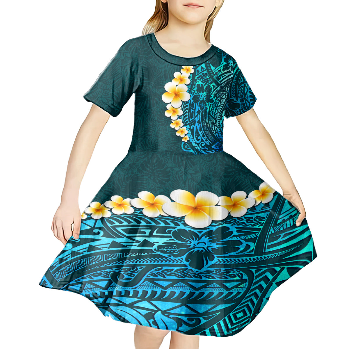 Turquosie Polynesia Kid Short Sleeve Dress Plumeria Tropical Leaves With Galaxy Polynesian Art LT14 - Polynesian Pride