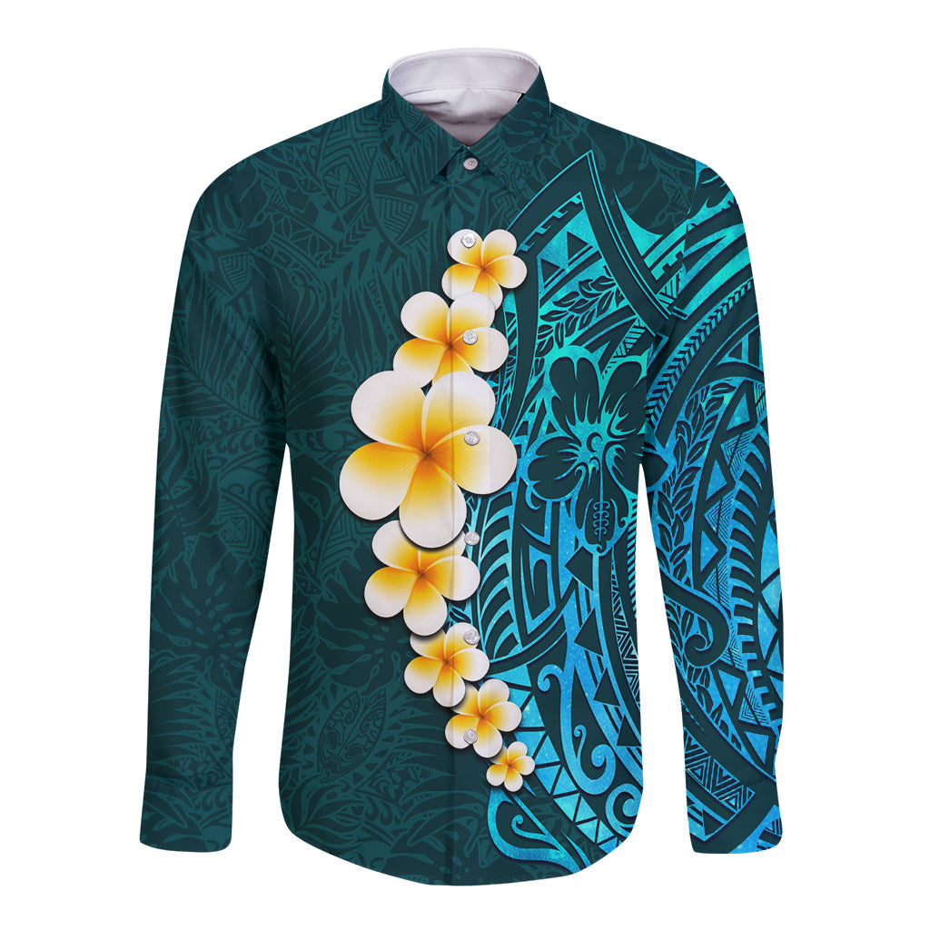 Turquosie Polynesia Long Sleeve Button Shirt Plumeria Tropical Leaves With Galaxy Polynesian Art LT14 Unisex Turquoise - Polynesian Pride