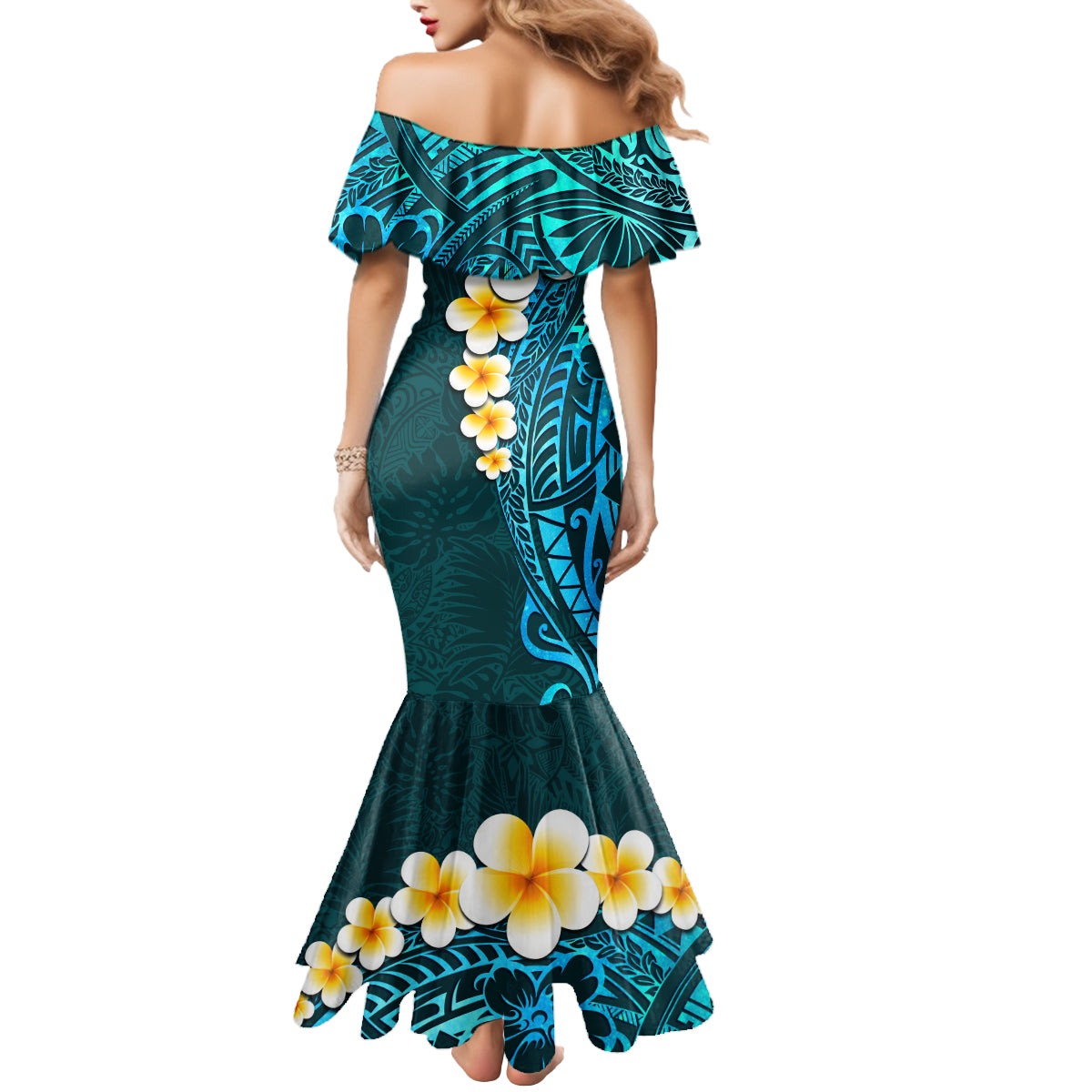 Turquosie Polynesia Mermaid Dress Plumeria Tropical Leaves With Galaxy Polynesian Art LT14 - Polynesian Pride