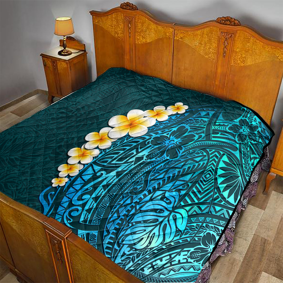Turquosie Polynesia Quilt Plumeria Tropical Leaves With Galaxy Polynesian Art LT14 - Polynesian Pride