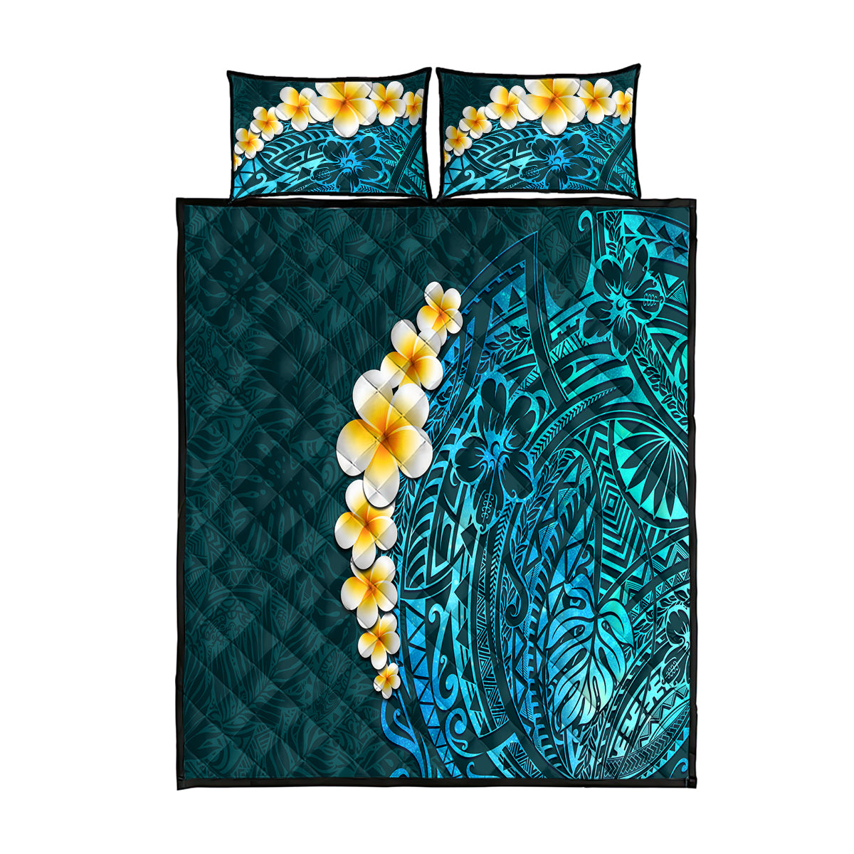 Turquosie Polynesia Quilt Bed Set Plumeria Tropical Leaves With Galaxy Polynesian Art LT14 Turquoise - Polynesian Pride