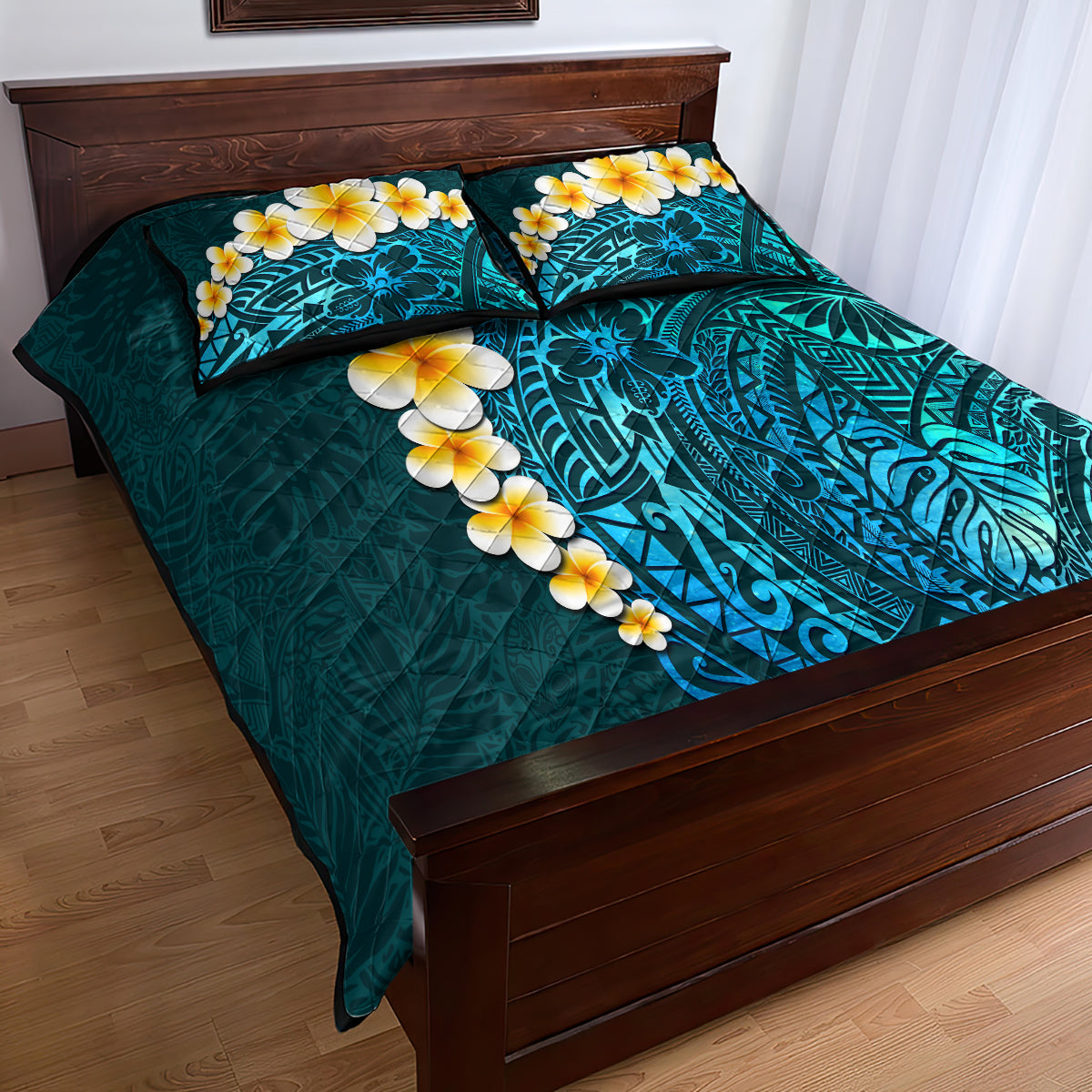 Turquosie Polynesia Quilt Bed Set Plumeria Tropical Leaves With Galaxy Polynesian Art LT14 - Polynesian Pride