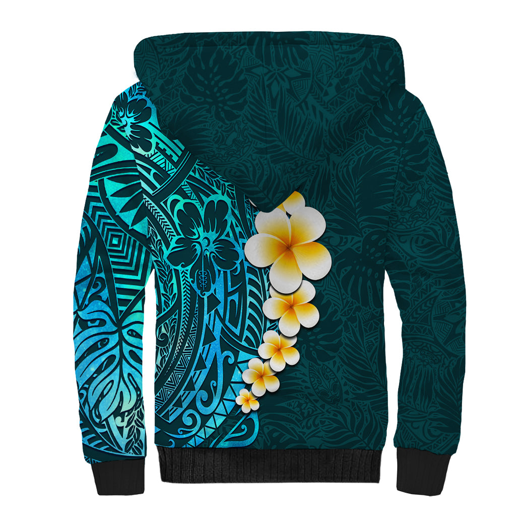 Turquosie Polynesia Sherpa Hoodie Plumeria Tropical Leaves With Galaxy Polynesian Art LT14 - Polynesian Pride