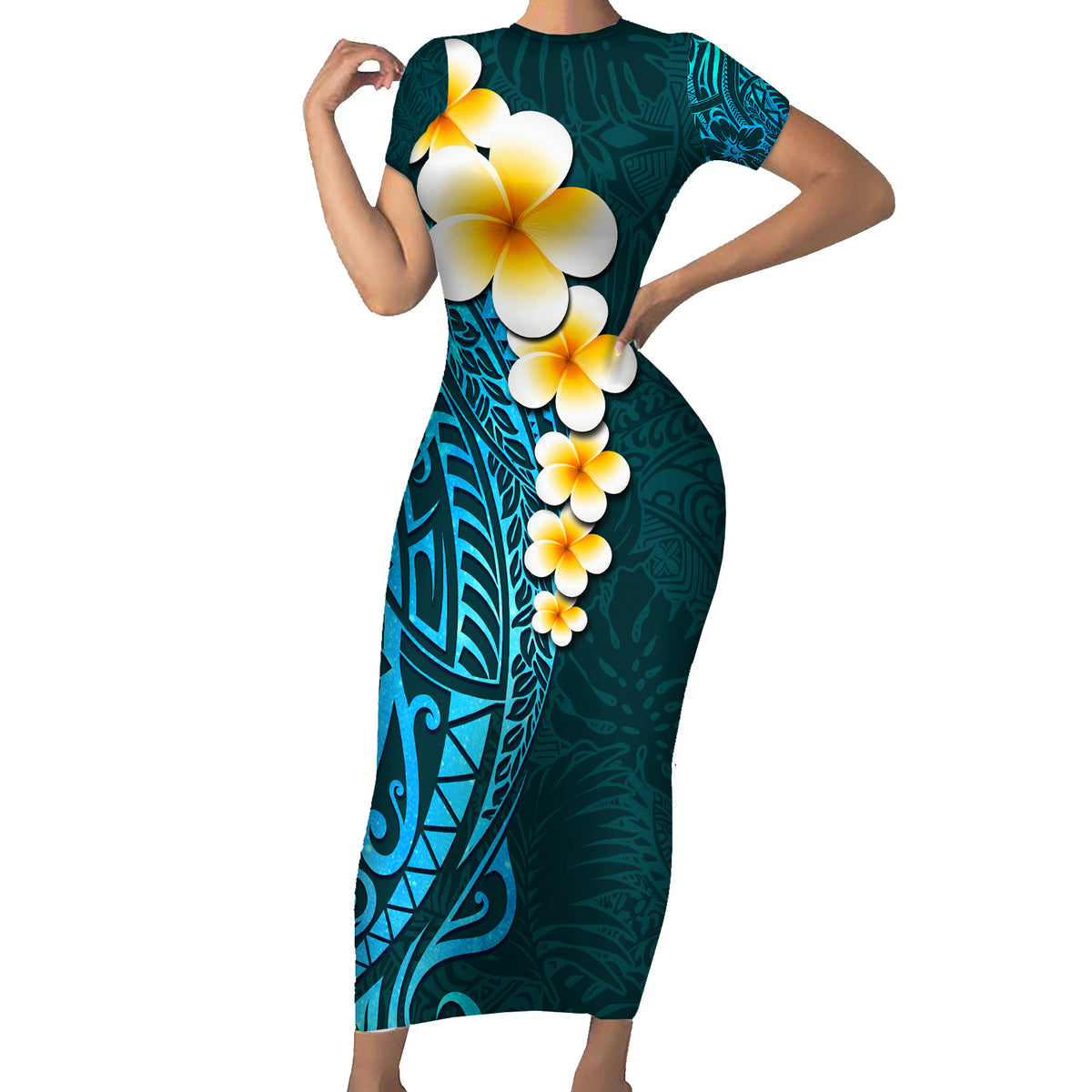 Turquosie Polynesia Short Sleeve Bodycon Dress Plumeria Tropical Leaves With Galaxy Polynesian Art LT14 Long Dress Turquoise - Polynesian Pride