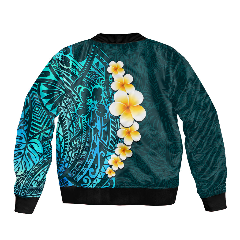 Turquosie Polynesia Sleeve Zip Bomber Jacket Plumeria Tropical Leaves With Galaxy Polynesian Art LT14 - Polynesian Pride