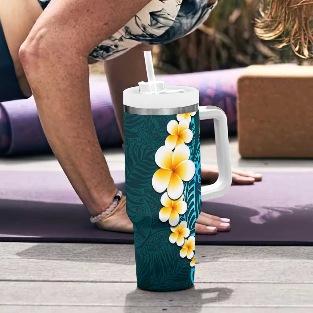 Turquosie Polynesia Tumbler With Handle Plumeria Tropical Leaves With Galaxy Polynesian Art