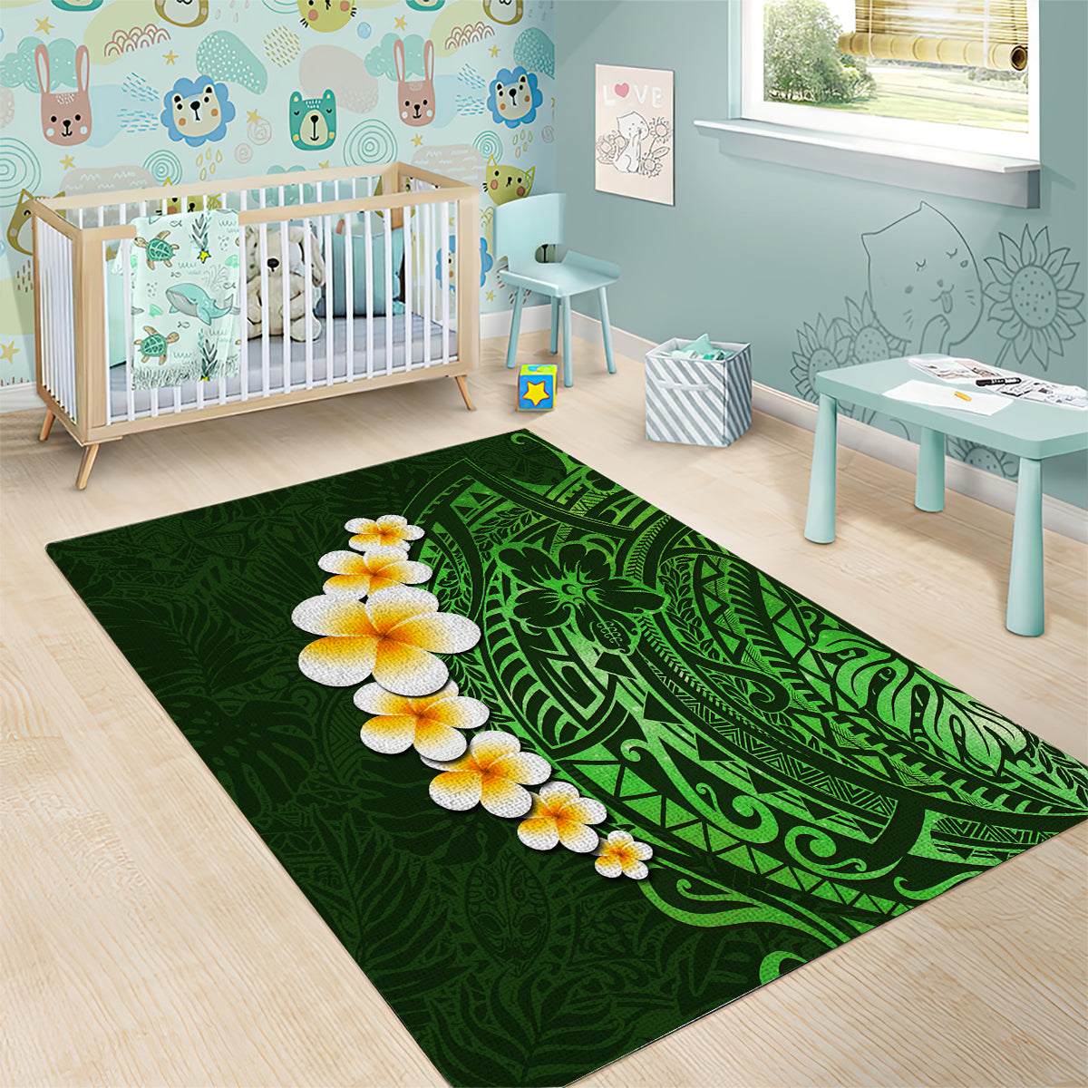 Green Polynesia Area Rug Plumeria Tropical Leaves With Galaxy Polynesian Art LT14 - Polynesian Pride