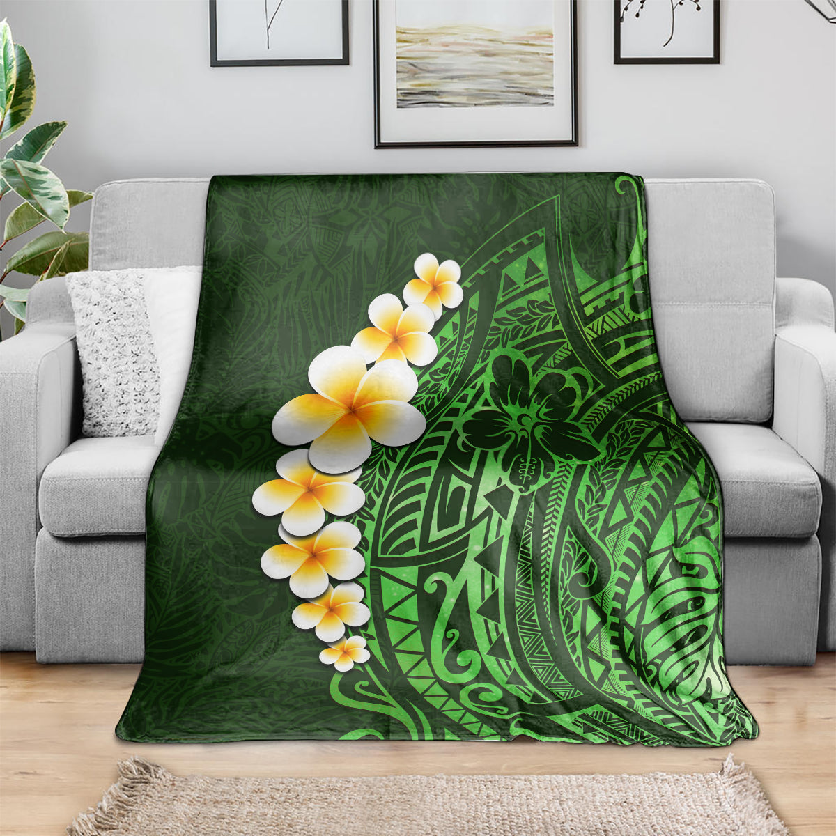 Green Polynesia Blanket Plumeria Tropical Leaves With Galaxy Polynesian Art LT14 - Polynesian Pride