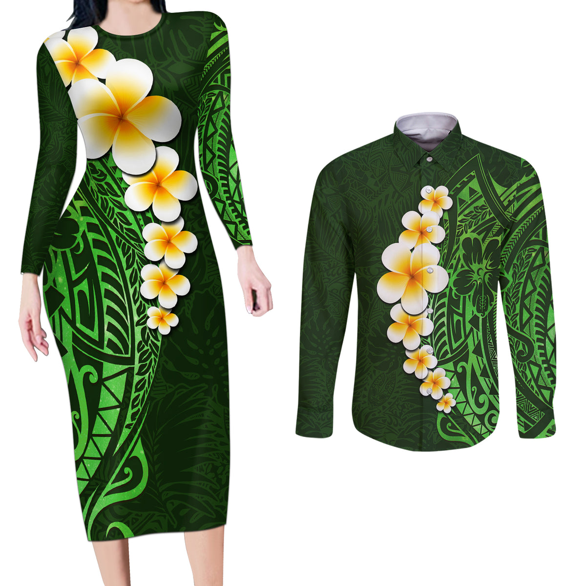 Green Polynesia Couples Matching Long Sleeve Bodycon Dress and Long Sleeve Button Shirt Plumeria Tropical Leaves With Galaxy Polynesian Art LT14 Green - Polynesian Pride