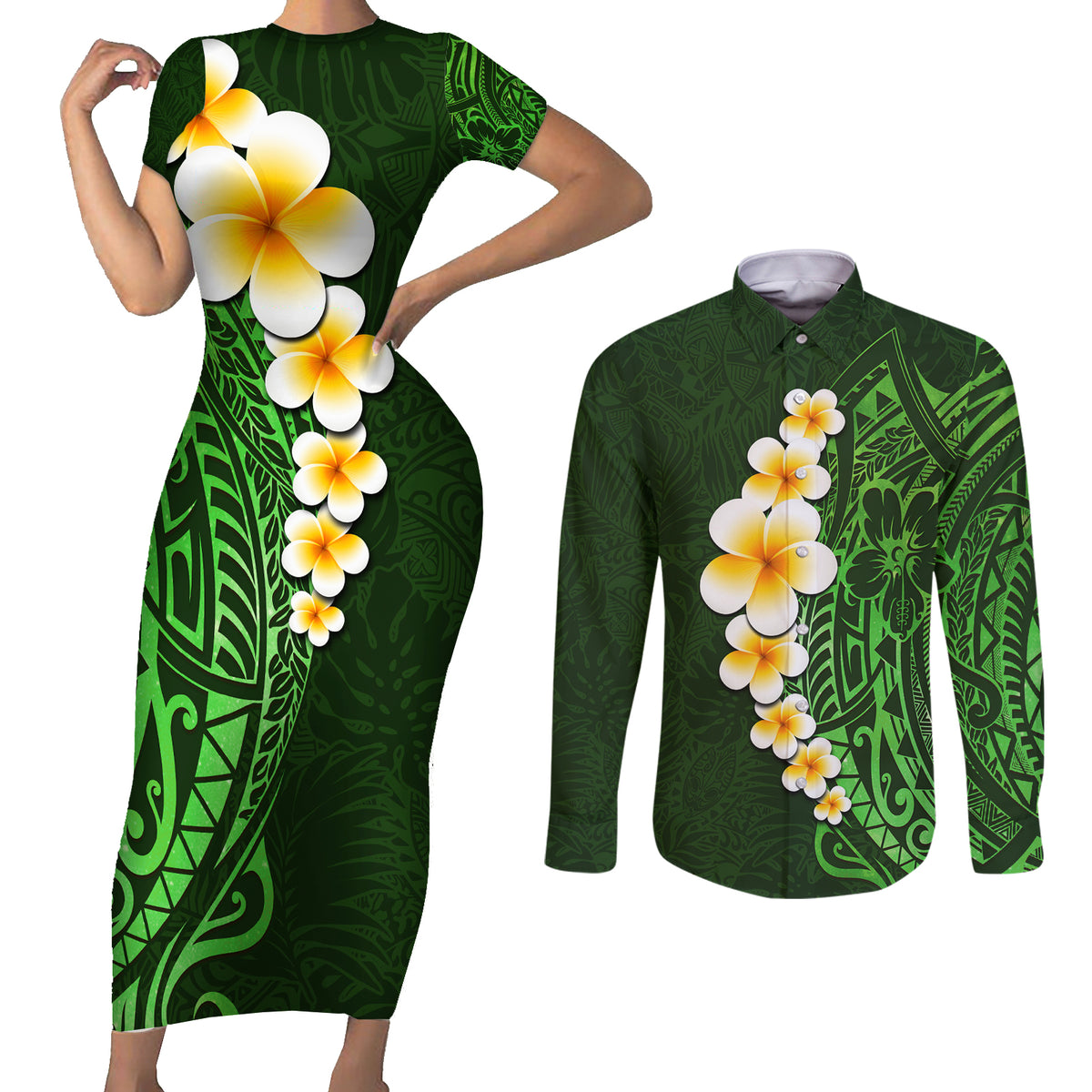 Green Polynesia Couples Matching Short Sleeve Bodycon Dress and Long Sleeve Button Shirt Plumeria Tropical Leaves With Galaxy Polynesian Art LT14 Green - Polynesian Pride