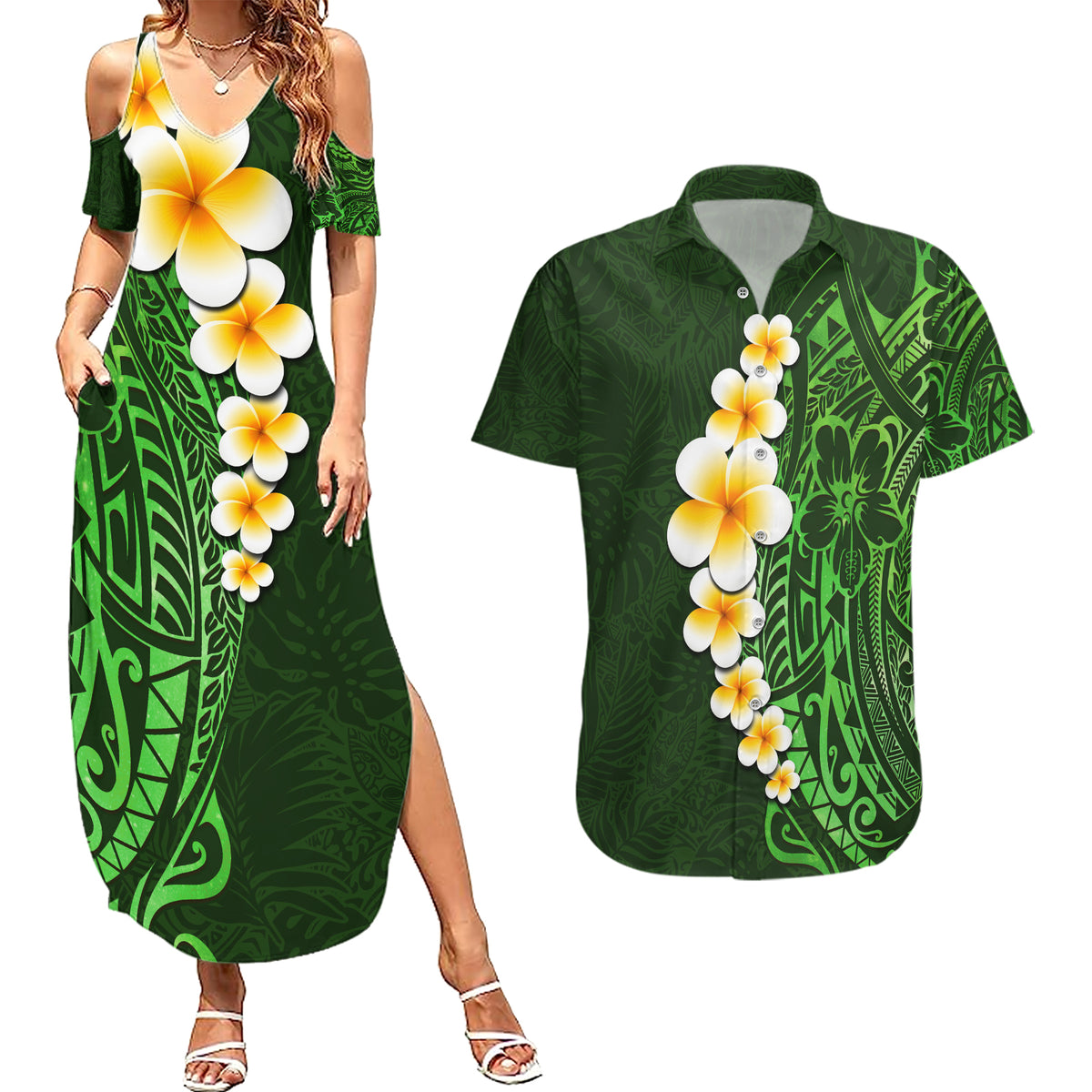 Green Polynesia Couples Matching Summer Maxi Dress and Hawaiian Shirt Plumeria Tropical Leaves With Galaxy Polynesian Art LT14 Green - Polynesian Pride