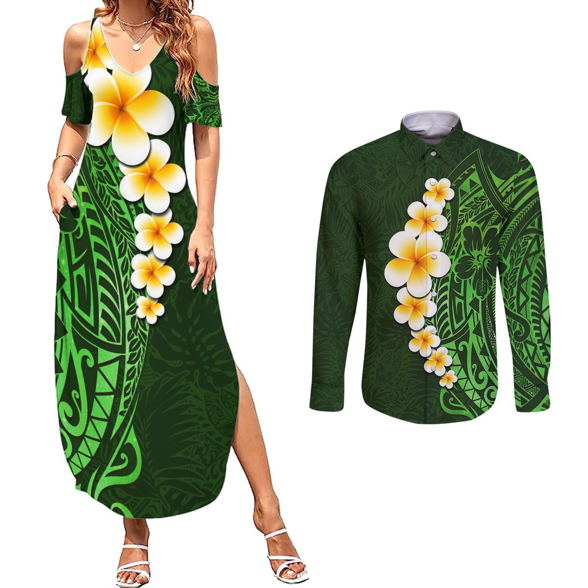 Green Polynesia Couples Matching Summer Maxi Dress and Long Sleeve Button Shirt Plumeria Tropical Leaves With Galaxy Polynesian Art LT14 Green - Polynesian Pride