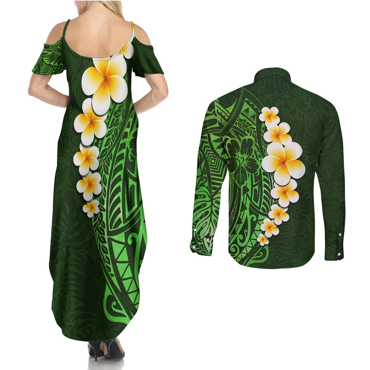Green Polynesia Couples Matching Summer Maxi Dress and Long Sleeve Button Shirt Plumeria Tropical Leaves With Galaxy Polynesian Art LT14 - Polynesian Pride