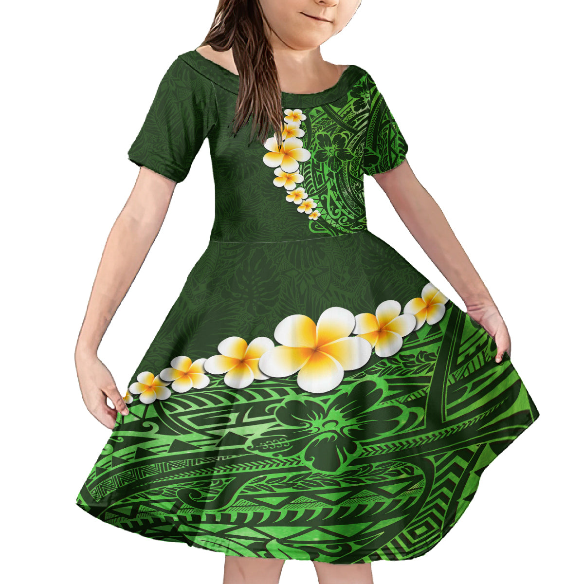 Green Polynesia Family Matching Off Shoulder Maxi Dress and Hawaiian Shirt Plumeria Tropical Leaves With Galaxy Polynesian Art LT14 Daughter's Dress Green - Polynesian Pride