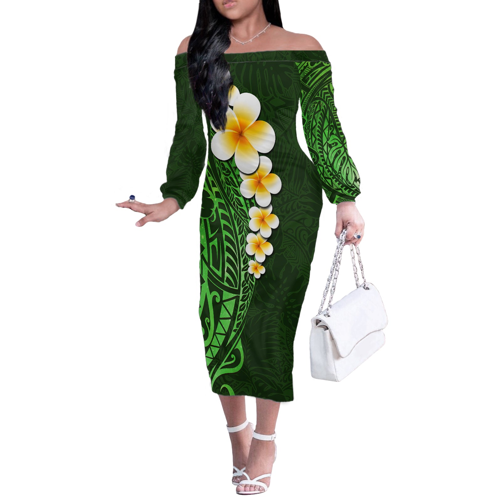 Green Polynesia Off The Shoulder Long Sleeve Dress Plumeria Tropical Leaves With Galaxy Polynesian Art LT14 Women Green - Polynesian Pride