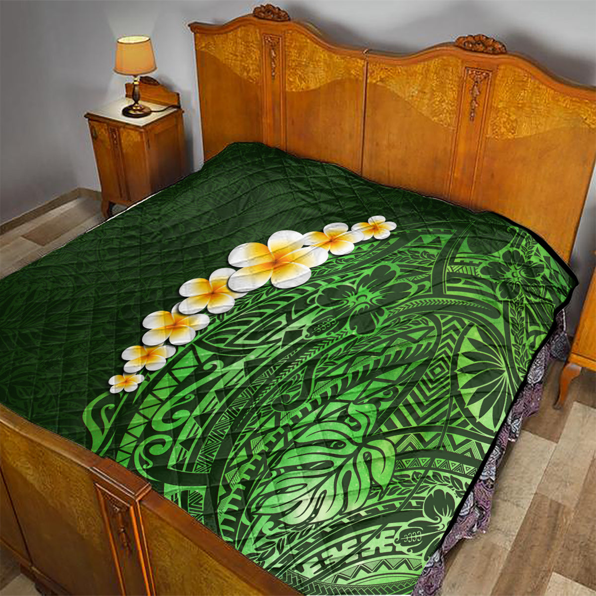 Green Polynesia Quilt Plumeria Tropical Leaves With Galaxy Polynesian Art LT14 - Polynesian Pride