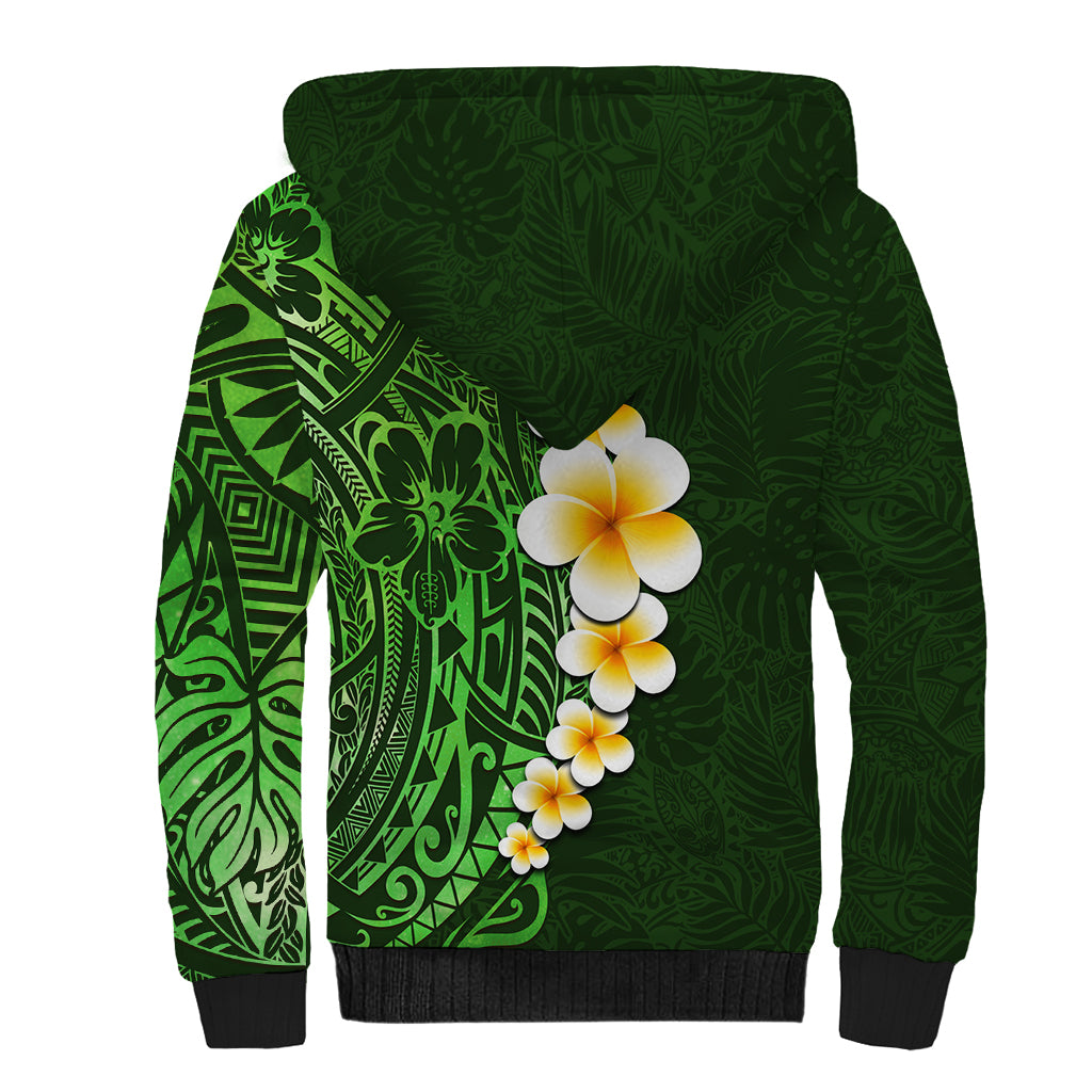 Green Polynesia Sherpa Hoodie Plumeria Tropical Leaves With Galaxy Polynesian Art LT14 - Polynesian Pride