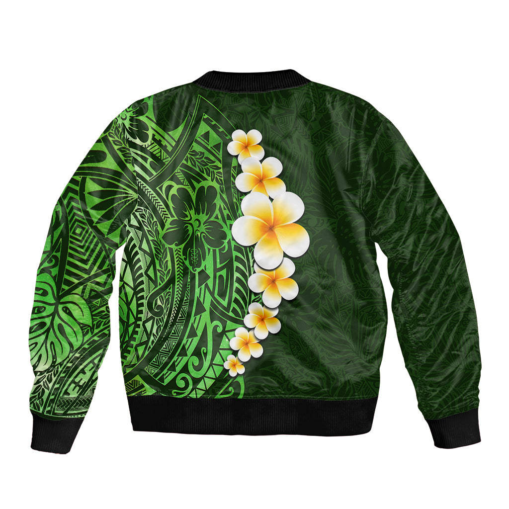 Green Polynesia Sleeve Zip Bomber Jacket Plumeria Tropical Leaves With Galaxy Polynesian Art LT14 - Polynesian Pride