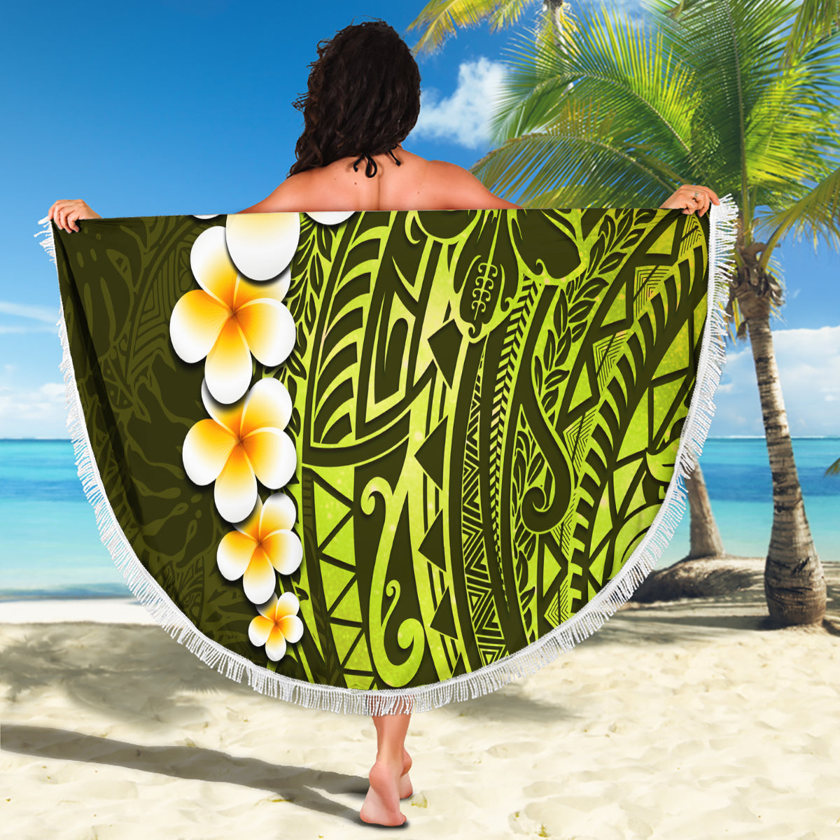 Lime Green Tropical Plumeria With Galaxy Polynesian Art Beach Blanket LT14 - Polynesian Pride