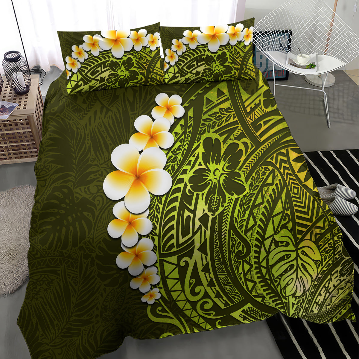Lime Green Tropical Plumeria With Galaxy Polynesian Art Bedding Set LT14 - Polynesian Pride