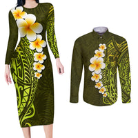 Lime Green Tropical Plumeria With Galaxy Polynesian Art Couples Matching Long Sleeve Bodycon Dress and Long Sleeve Button Shirt LT14 Lime Green - Polynesian Pride