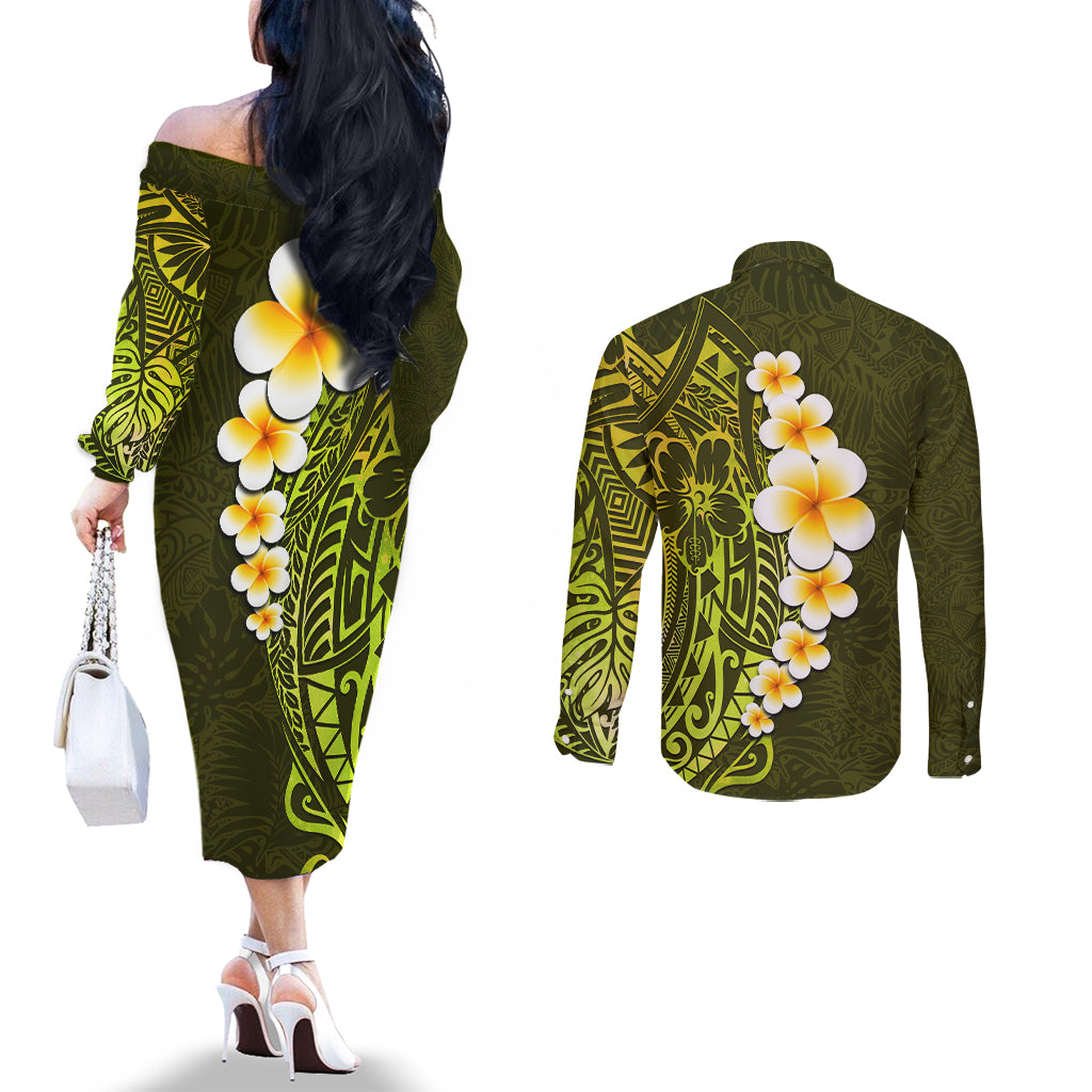 Lime Green Tropical Plumeria With Galaxy Polynesian Art Couples Matching Off The Shoulder Long Sleeve Dress and Long Sleeve Button Shirt LT14 - Polynesian Pride