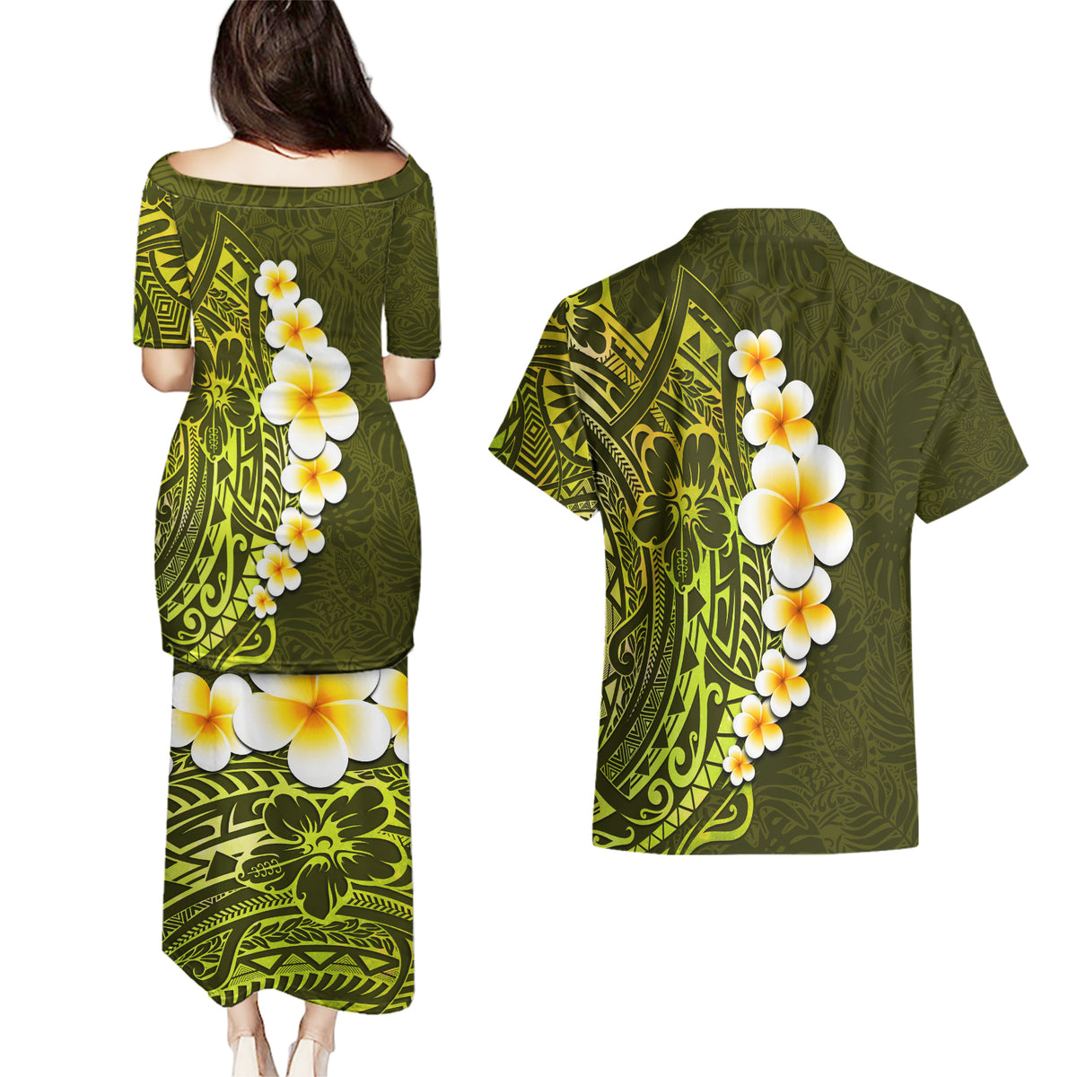 Lime Green Tropical Plumeria With Galaxy Polynesian Art Couples Matching Puletasi Dress and Hawaiian Shirt LT14 - Polynesian Pride
