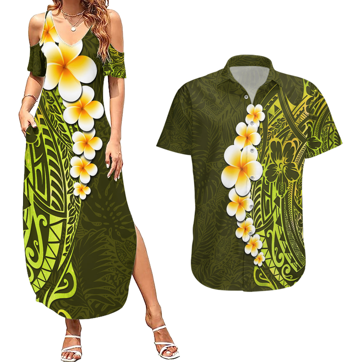 Lime Green Tropical Plumeria With Galaxy Polynesian Art Couples Matching Summer Maxi Dress and Hawaiian Shirt LT14 Lime Green - Polynesian Pride