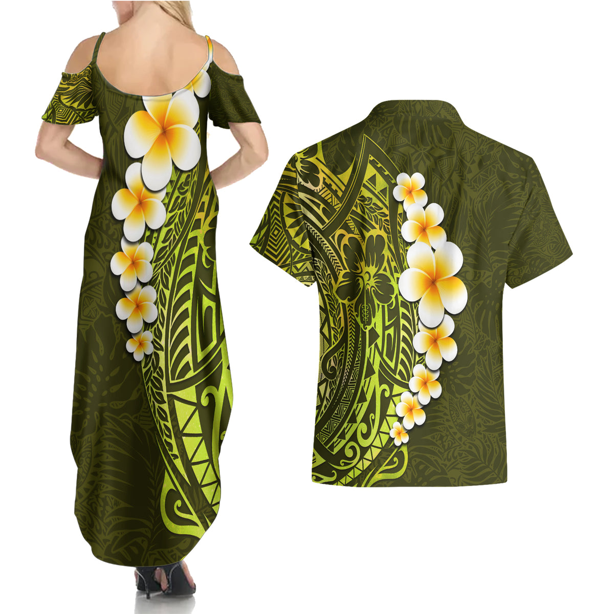 Lime Green Tropical Plumeria With Galaxy Polynesian Art Couples Matching Summer Maxi Dress and Hawaiian Shirt LT14 - Polynesian Pride
