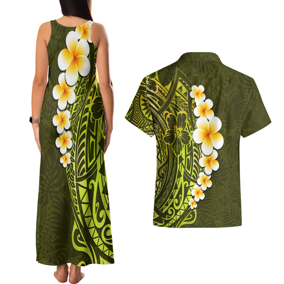 Lime Green Tropical Plumeria With Galaxy Polynesian Art Couples Matching Tank Maxi Dress and Hawaiian Shirt LT14 - Polynesian Pride