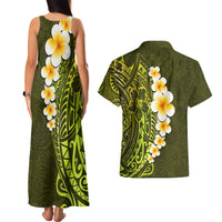 Lime Green Tropical Plumeria With Galaxy Polynesian Art Couples Matching Tank Maxi Dress and Hawaiian Shirt LT14 - Polynesian Pride