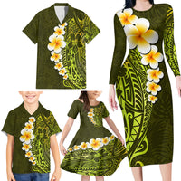 Lime Green Tropical Plumeria With Galaxy Polynesian Art Family Matching Long Sleeve Bodycon Dress and Hawaiian Shirt LT14 - Polynesian Pride